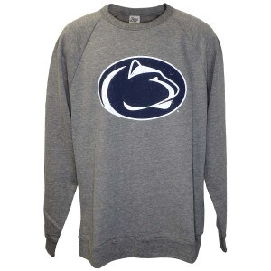 heather gray long sleeve crew sweatshirt with distressed Penn State Athletic Logo